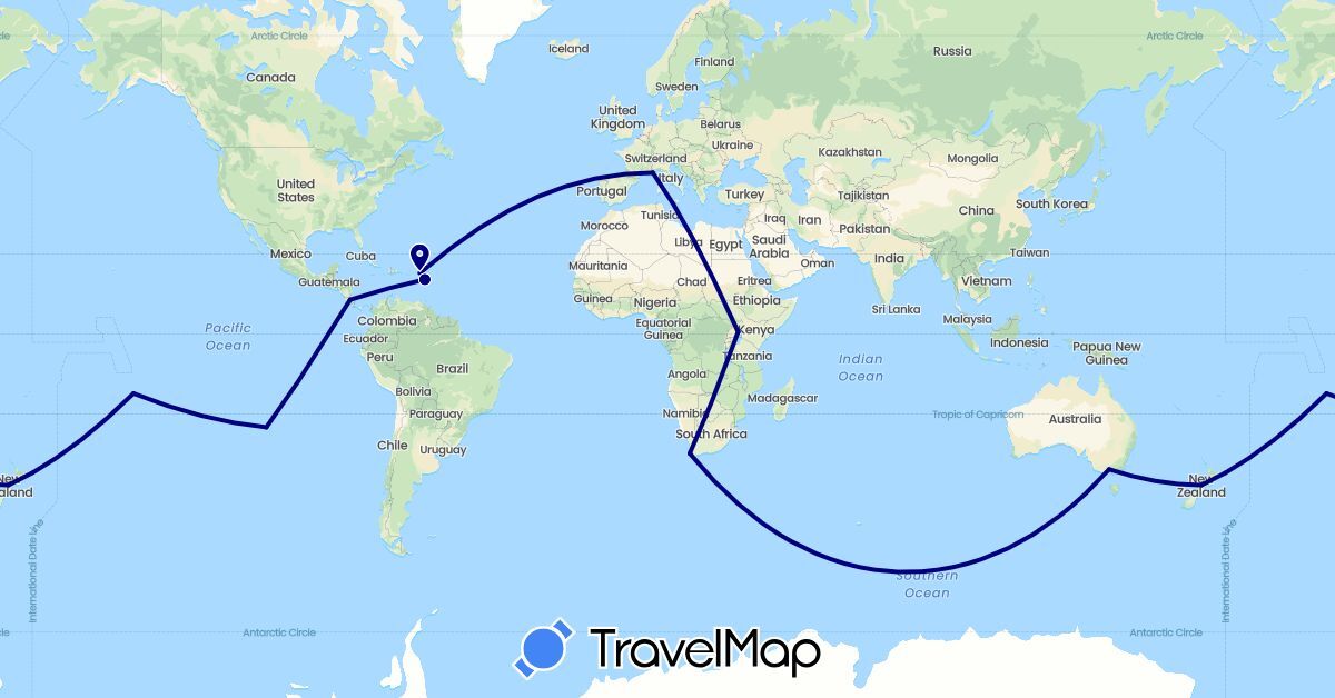 TravelMap itinerary: driving in Australia, Chile, Costa Rica, France, New Zealand, Uganda, South Africa (Africa, Europe, North America, Oceania, South America)